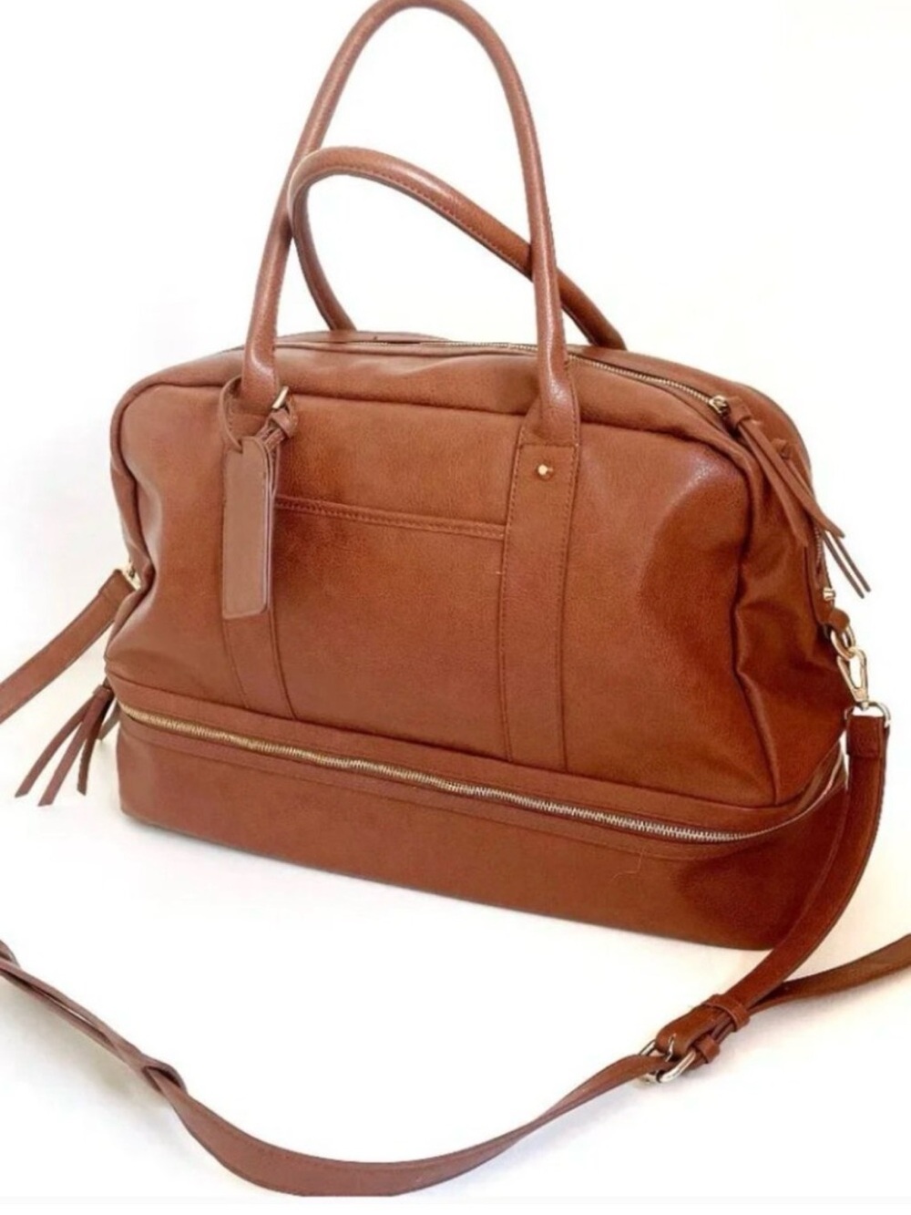 Sole Society Cassid Weekender Travel Bag Cognac Brown Shoe Compartment Large